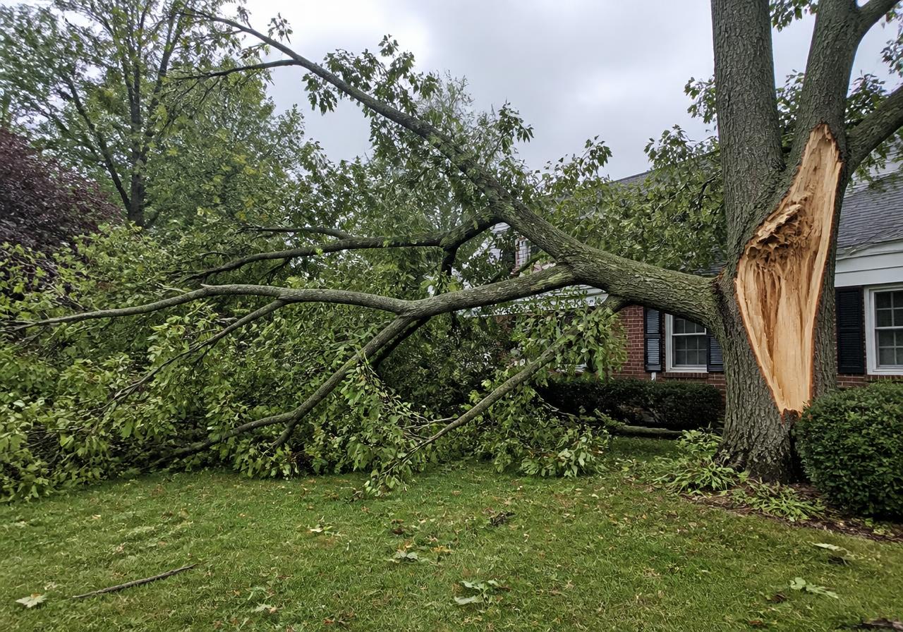 Residential yard where a storm-damaged tree is being removed