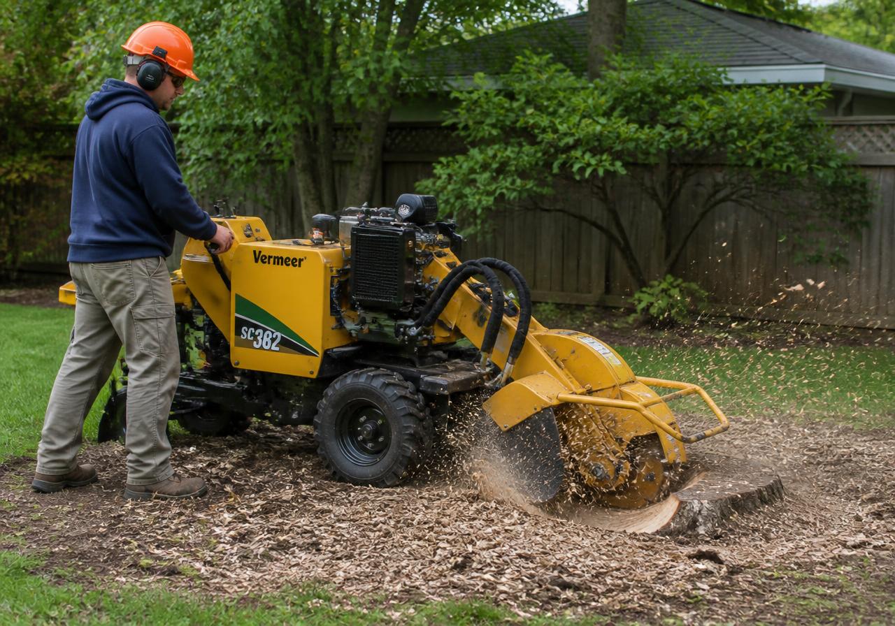 Stump grinding machine removing an old tree stump in a residential backyard
