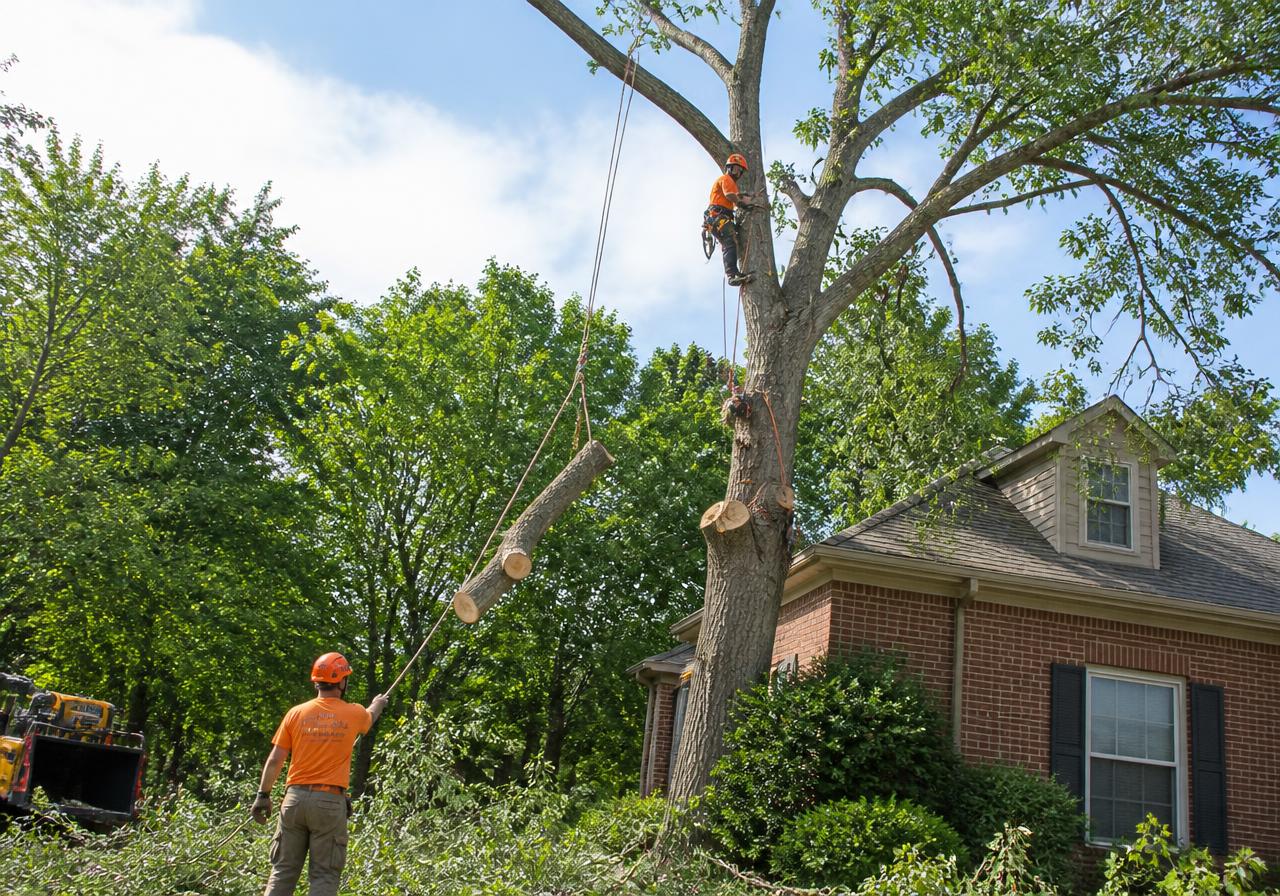 Tree removal crew safely taking down a large tree near a residential property