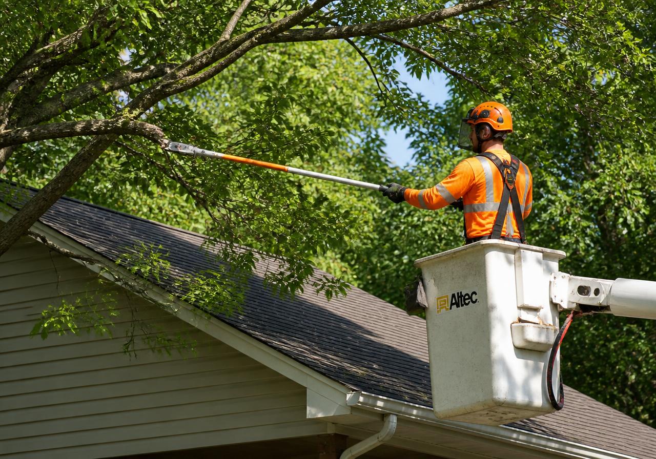 Tree trimming professional in a bucket truck pruning branches away from a residential roof